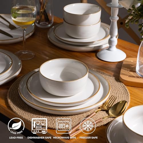 GBHOME Ceramic Dinnerware Sets for 4, 12 Pieces Stoneware Plates and Bowls Sets, Chip and Scratch Resistant Dishes, Dishwasher & Microwave Safe, Reactive Glaze-White