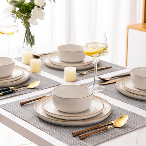 GBHOME Ceramic Dinnerware Sets for 4, 12 Pieces Stoneware Plates and Bowls Sets, Chip and Scratch Resistant Dishes, Dishwasher & Microwave Safe, Reactive Glaze-White