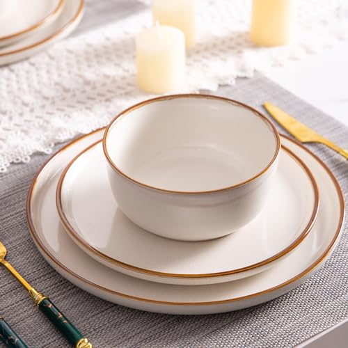 GBHOME Ceramic Dinnerware Sets for 4, 12 Pieces Stoneware Plates and Bowls Sets, Chip and Scratch Resistant Dishes, Dishwasher & Microwave Safe, Reactive Glaze-White