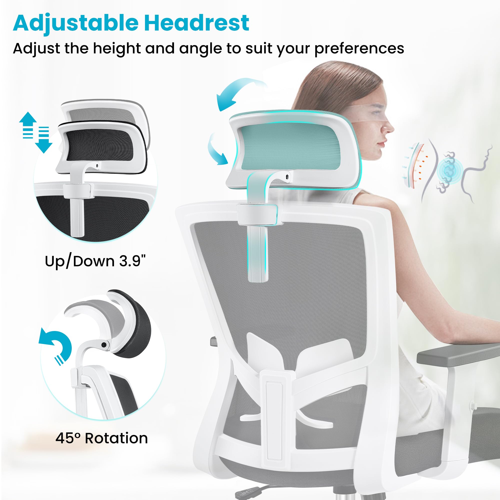 Brick Attic Office Chair Ergonomic Desk Chair High Back Computer Chair Swivel Mesh Task Chair with Adjustable Lumbar Support Armrests Headrest White