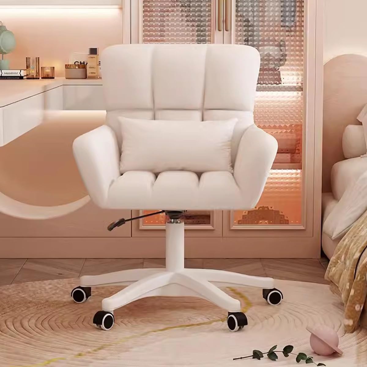 YCKEGEW Modern Velvet Children Chair Cute Desk Chairs with Wheels Vanity Chair for Girl Women, Accent Armchair Upholstered Swivel Chair with Pillow for Bedroom (Color : White)