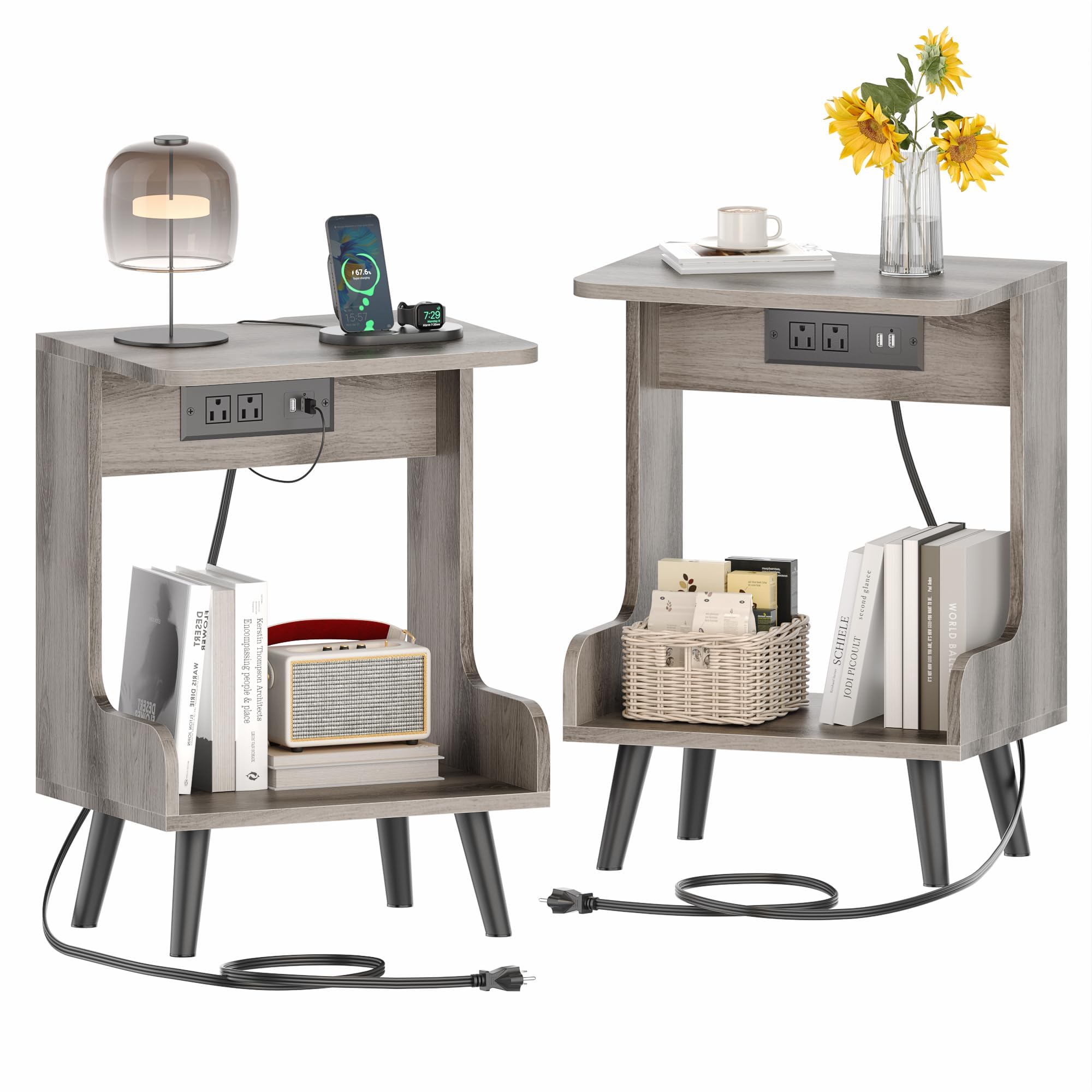 GYIIYUO Nightstands Set of 2 with Charging Station, Bedside Tables with Open Wood Shelf, End Table with Solid Wood Feet, Solid Wood Side Table for Bedroom, Small Spaces, Grey