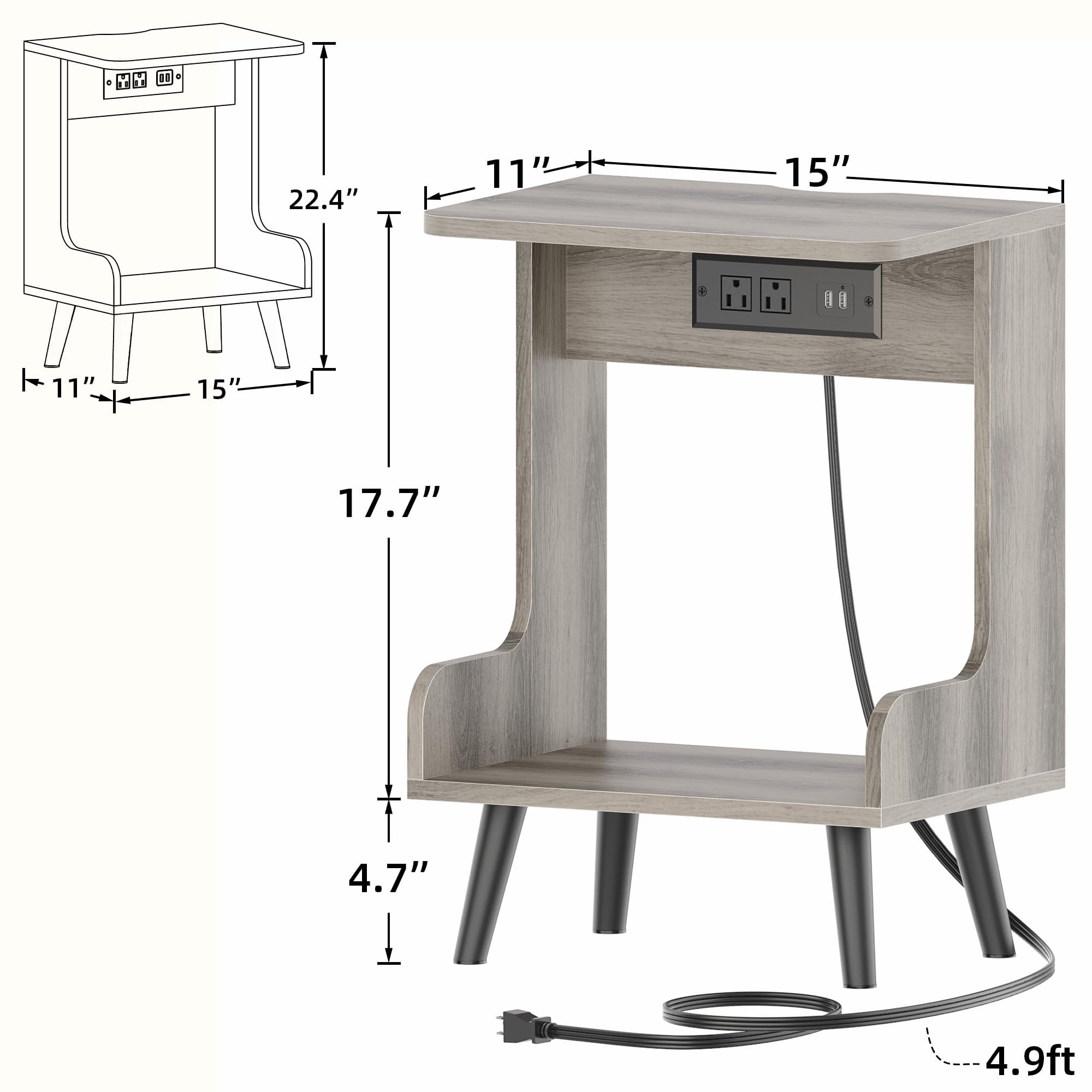 GYIIYUO Nightstands Set of 2 with Charging Station, Bedside Tables with Open Wood Shelf, End Table with Solid Wood Feet, Solid Wood Side Table for Bedroom, Small Spaces, Grey