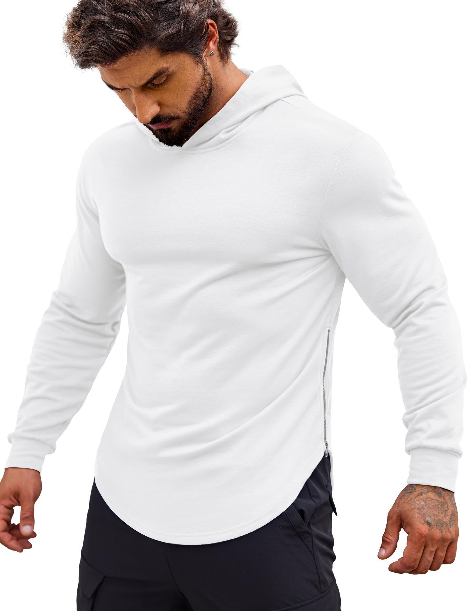 COOFANDY Men's Hooded Sweatshirt Long Sleeve Muscle Fit Stretch Fashion Active Gym Hoodie for Men, White, Large