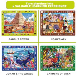 QUOKKA 60 Piece Kids Puzzles Ages 5-8 - Set of 4 Bible Jigsaw Puzzles for Kids 4-6-10 Year Old - Tower of Babel | Noah`s Ark | Eden Toys for Children 5-7 yo - Christian Gifts for Boys & Girls