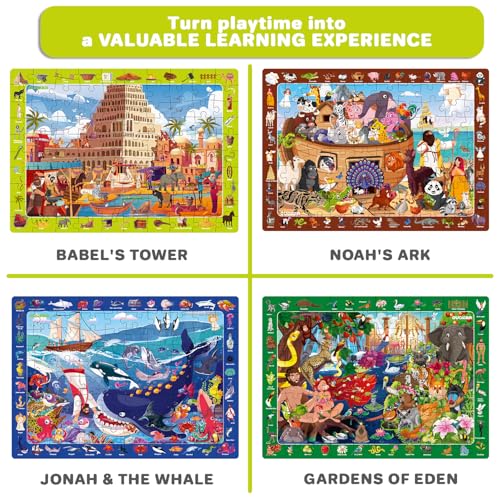 QUOKKA 60 Piece Kids Puzzles Ages 5-8 - Set of 4 Bible Jigsaw Puzzles for Kids 4-6-10 Year Old - Tower of Babel | Noah`s Ark | Eden Toys for Children 5-7 yo - Christian Gifts for Boys & Girls