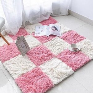 20pcs 12x12x0.4in plush foam carpet mats,washable anti-slip square foam interlocking floor tiles mats,diy soft fluffy shaggy area puzzles rug-20 sq.ft(color:white + pink)