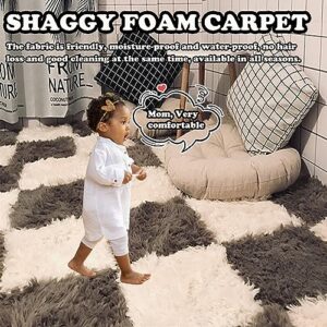 20pcs 12x12x0.4in Plush Foam Carpet Mats,Washable Anti-Slip Square Foam Interlocking Floor Tiles Mats,DIY Soft Fluffy Shaggy Area Puzzles Rug-20 Sq.ft(Color:White + Pink)