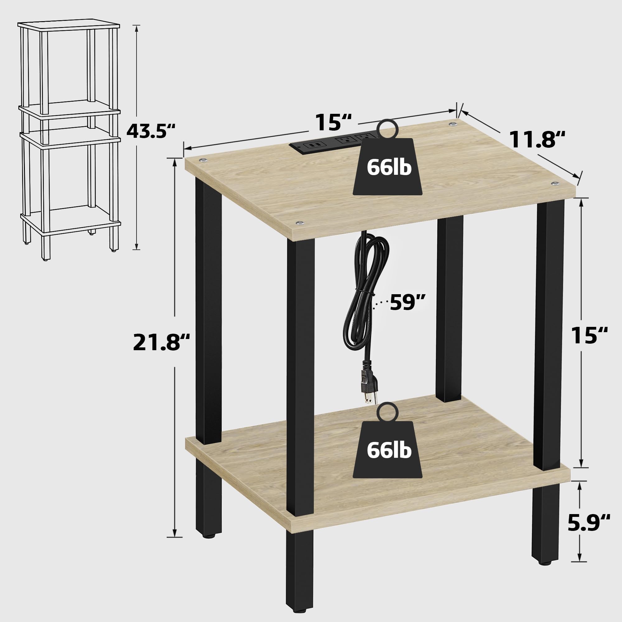 TUTOTAK End Table with Charging Station, Set of 2, Side Table with USB Ports and Outlets, Nightstand, 2-Tier Storage Shelf, Sofa Table for Small Space, Living Room, Bed Room TB01BO041