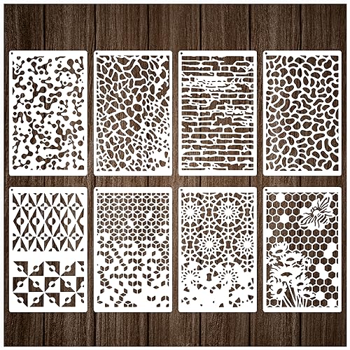 8 Pieces Stencils for Crafts, Honeycomb Wall Layering Stencils Marble Crackle Geometric Stencils Mixed Media Art Texture Stencils for Painting on Card Making Canvas DIY Furniture Paper (8 Mix media)