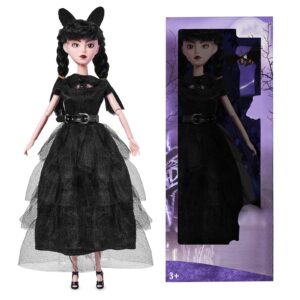 DBYWIUB Girls Black Doll, 11.5 inch Girls Halloween Christmas Dolls, Soft Body & Black Hair, Black Dress & Accessories