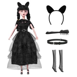 DBYWIUB Girls Black Doll, 11.5 inch Girls Halloween Christmas Dolls, Soft Body & Black Hair, Black Dress & Accessories