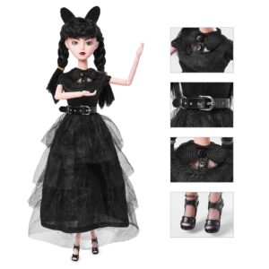 DBYWIUB Girls Black Doll, 11.5 inch Girls Halloween Christmas Dolls, Soft Body & Black Hair, Black Dress & Accessories