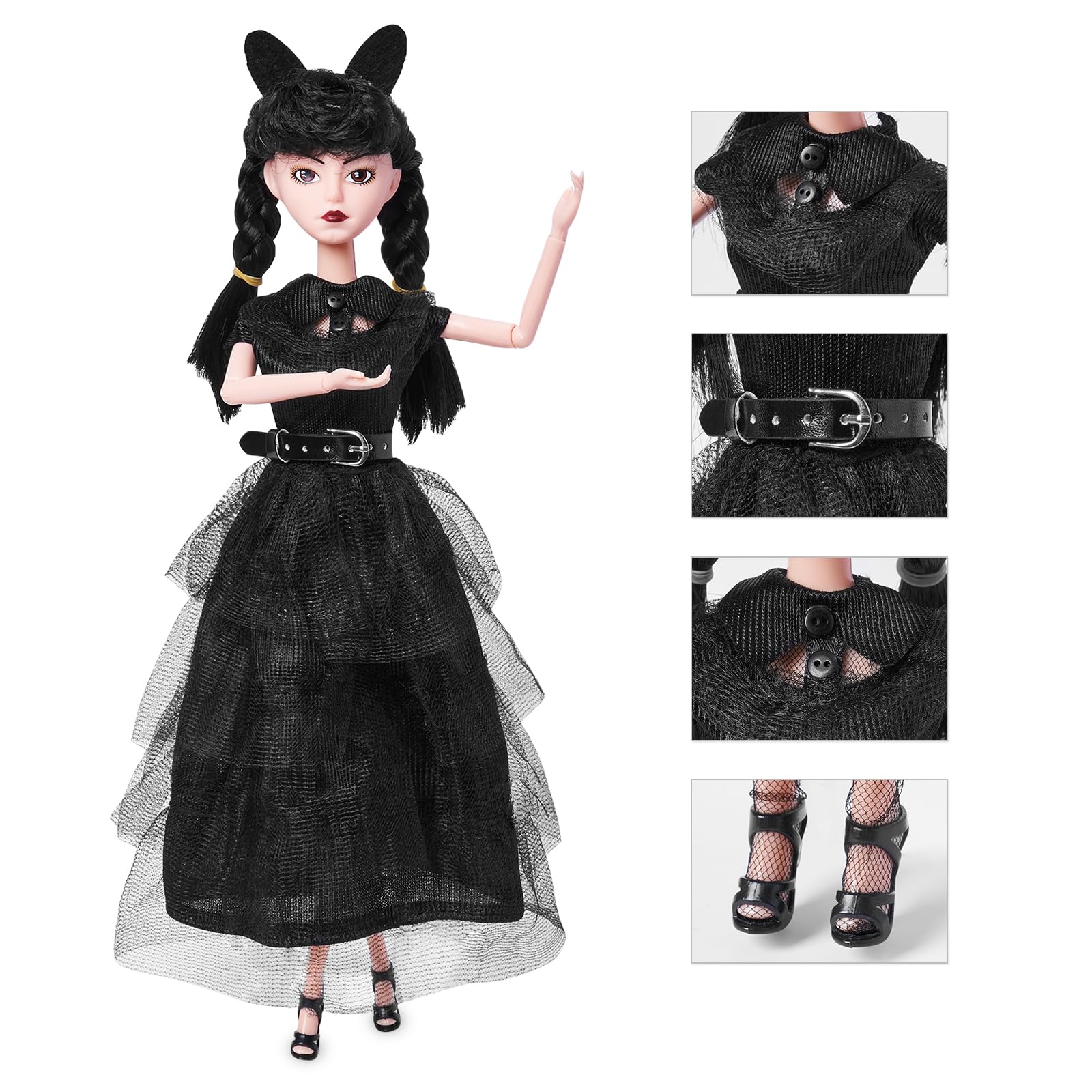 DBYWIUB Girls Black Doll, 11.5 inch Girls Halloween Christmas Dolls, Soft Body & Black Hair, Black Dress & Accessories