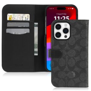 coach signature canvas two piece detachable wallet folio iphone 15 pro max case, compatible with wireless charging - signature charcoal