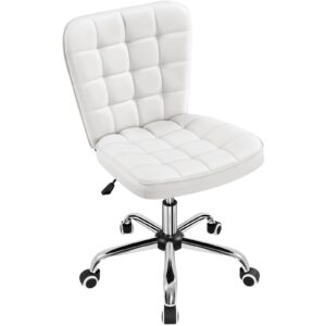 Yaheetech Armless Desk Chair Modern Tufted Office Chair Faux Leather Upholstered Computer Chair with Adjustable Seat Height and Rolling Wheels for Home/Office, White