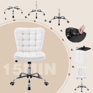 Yaheetech Armless Desk Chair Modern Tufted Office Chair Faux Leather Upholstered Computer Chair with Adjustable Seat Height and Rolling Wheels for Home/Office, White