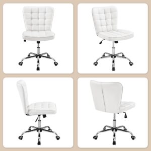 Yaheetech Armless Desk Chair Modern Tufted Office Chair Faux Leather Upholstered Computer Chair with Adjustable Seat Height and Rolling Wheels for Home/Office, White