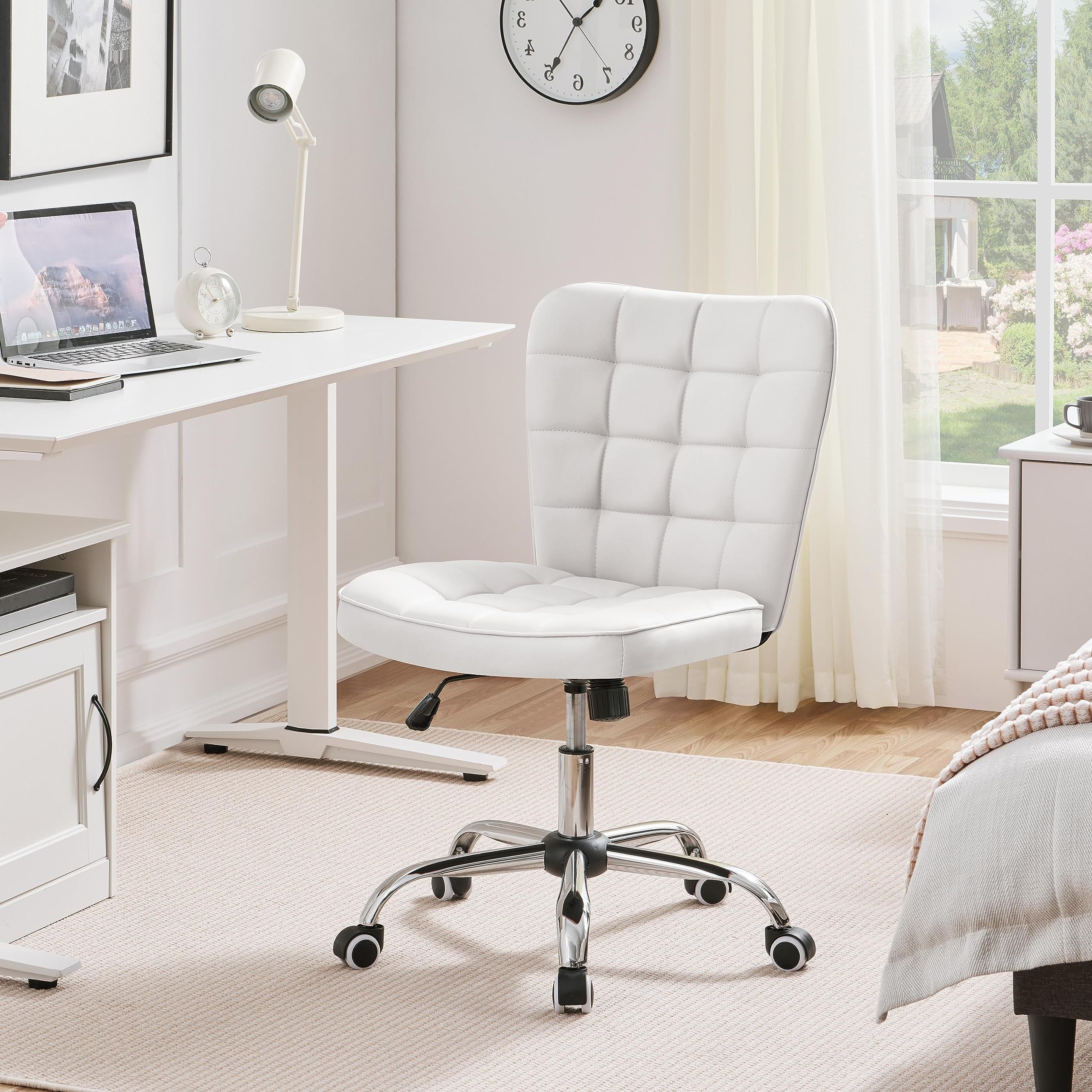 Yaheetech Armless Desk Chair Modern Tufted Office Chair Faux Leather Upholstered Computer Chair with Adjustable Seat Height and Rolling Wheels for Home/Office, White