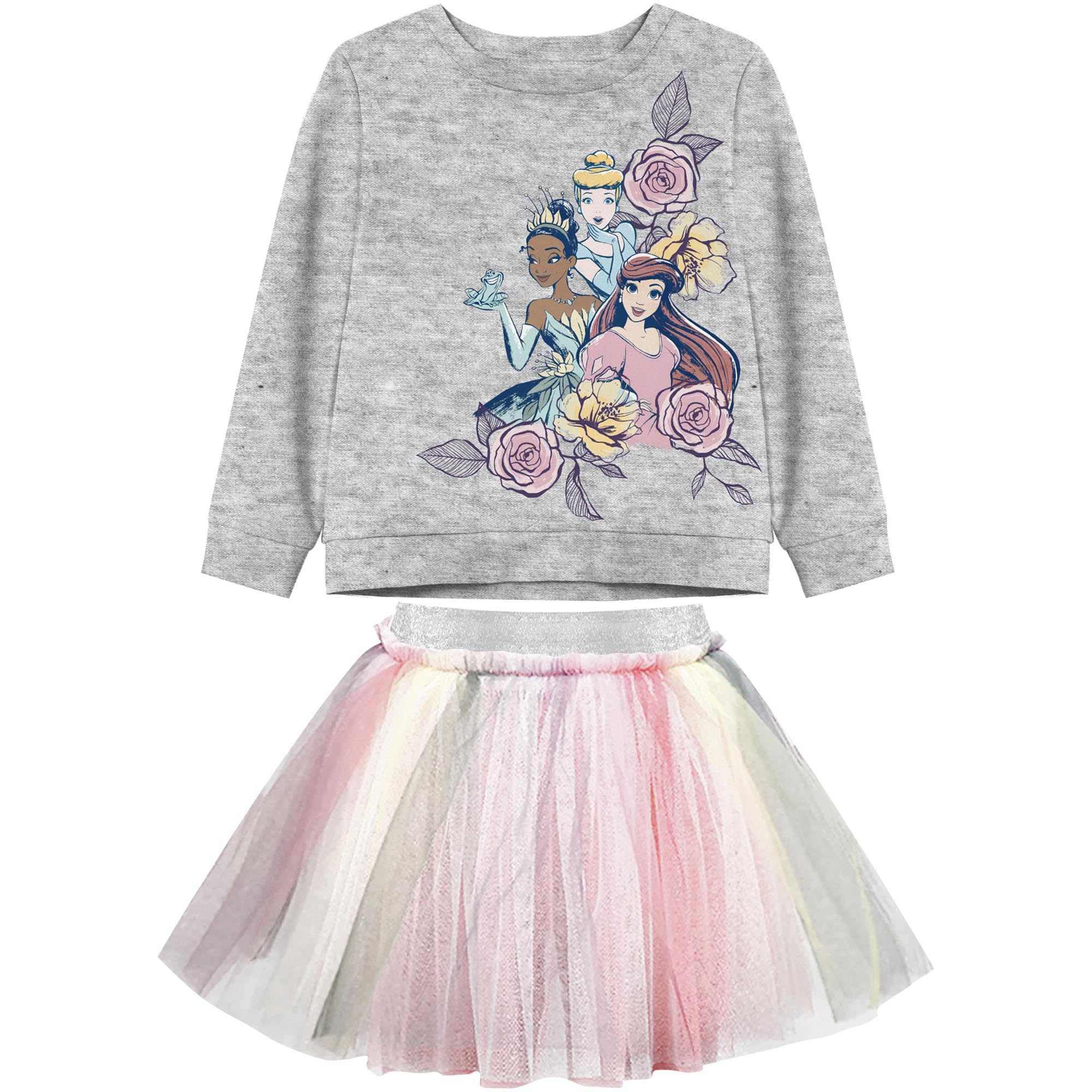 Disney Girls Princess Ariel Tiana Cinderella Skirt Set Sweatshirt And Tutu, Gray, XS US