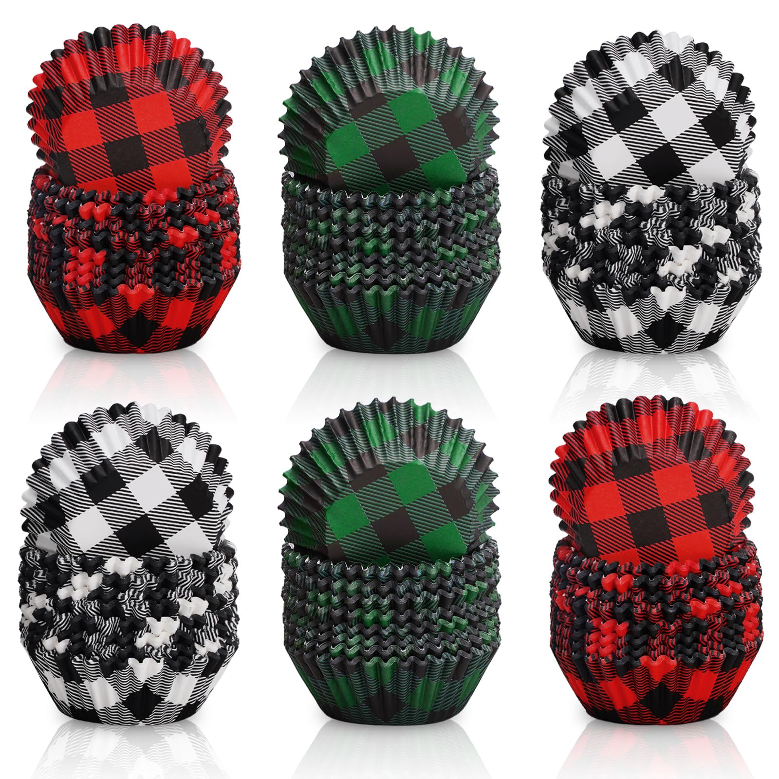 Whaline 600Pcs Christmas Cupcake Wrappers 3 Colors Buffalo Plaid Cupcake Liners Disposable Cupcake Liners Holders Paper Muffin Cups for Baking Home Kitchen Christmas Party Supplies