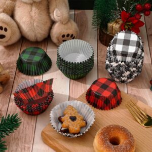 Whaline 600Pcs Christmas Cupcake Wrappers 3 Colors Buffalo Plaid Cupcake Liners Disposable Cupcake Liners Holders Paper Muffin Cups for Baking Home Kitchen Christmas Party Supplies