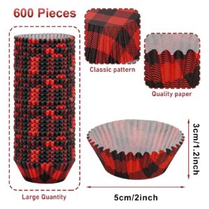 Whaline 600Pcs Christmas Cupcake Wrappers 3 Colors Buffalo Plaid Cupcake Liners Disposable Cupcake Liners Holders Paper Muffin Cups for Baking Home Kitchen Christmas Party Supplies