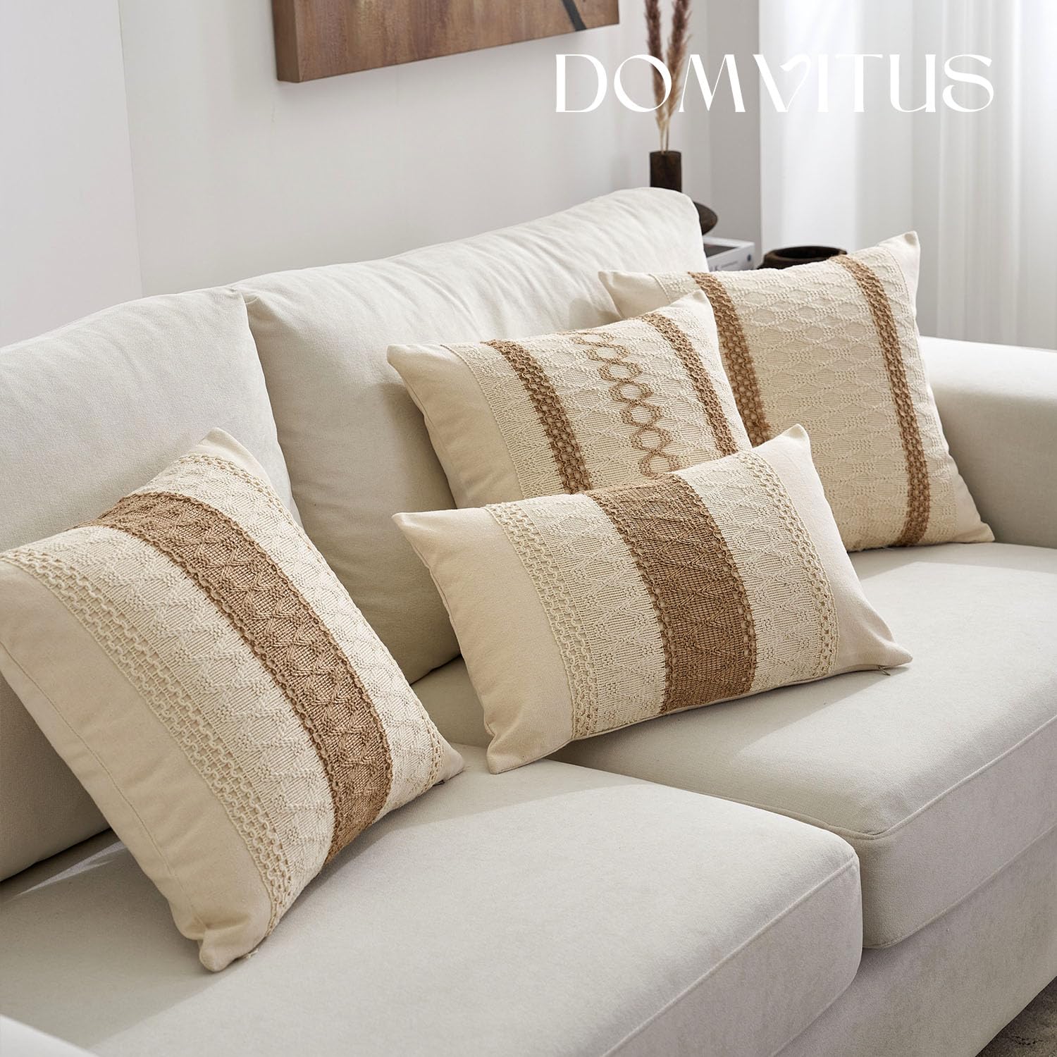 DOMVITUS Boho Pillow Covers 18x18, Throw Pillow Covers for Farmhouse Accent Decorative Throw Pillows, Neutral Pillow Covers for living room bedroom couch, One Stripe, 1PC