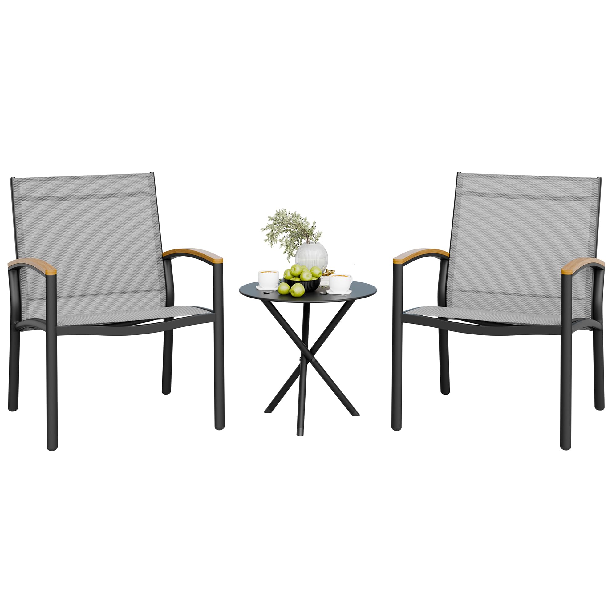 Shintenchi 3 Pieces Outdoor Patio Bistro Sets, Textilene Fabric Small Patio Furniture Set, Front Porch Chairs Conversation Set with Table for Lawn, Garden, Balcony, Poolside (Light Gray)