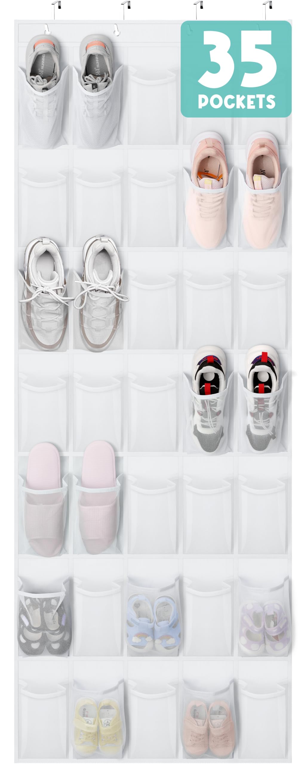 Tiblue Over The Door Shoe Organizer 35 Mesh Pockets Hanging Shoe Organizer Shoe Rack For Door Closet Entryway Bedroom Pantry Organizer - Shoe Holder Hanger For Sneakers, Women High Heeled Shoes White