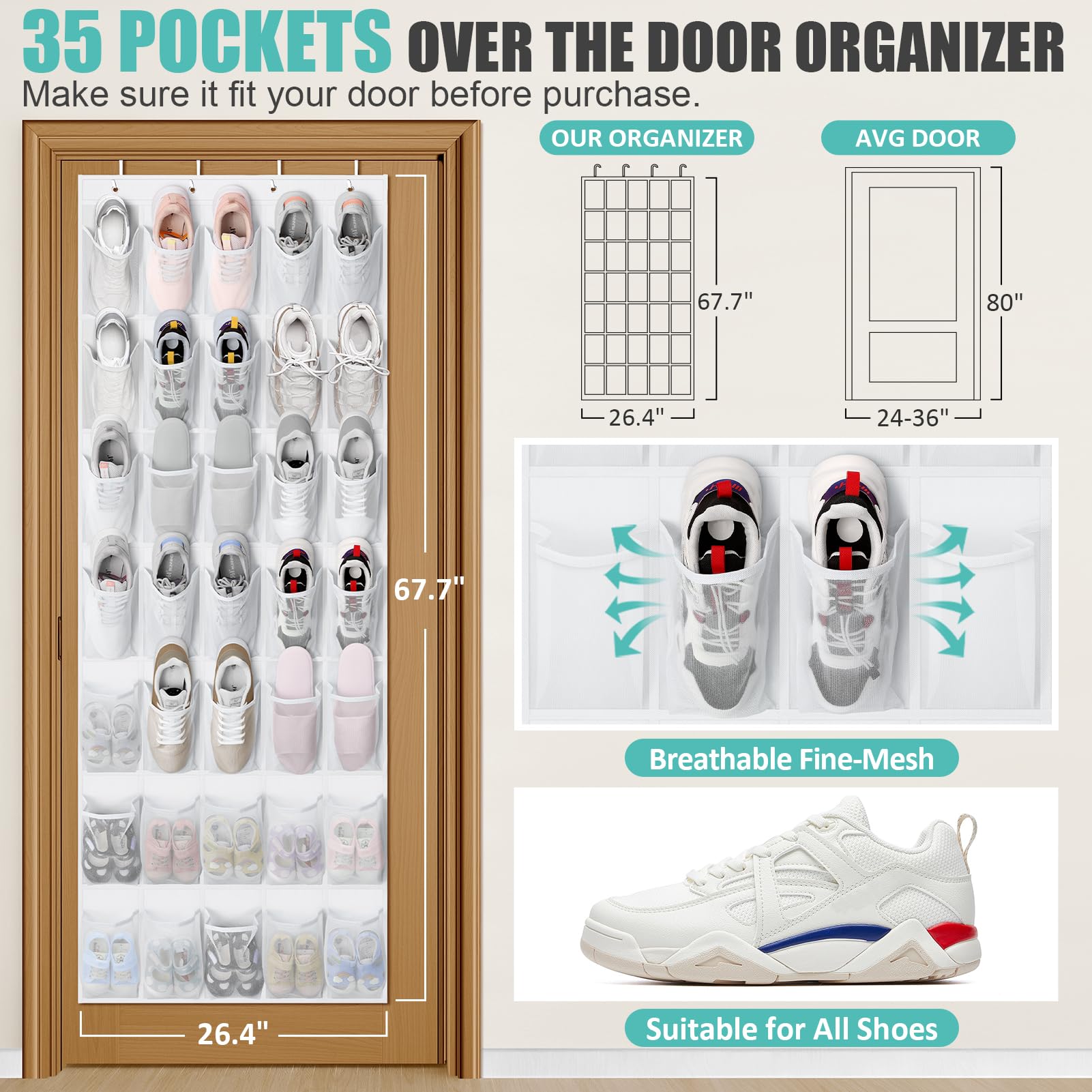 Tiblue Over The Door Shoe Organizer 35 Mesh Pockets Hanging Shoe Organizer Shoe Rack For Door Closet Entryway Bedroom Pantry Organizer - Shoe Holder Hanger For Sneakers, Women High Heeled Shoes White