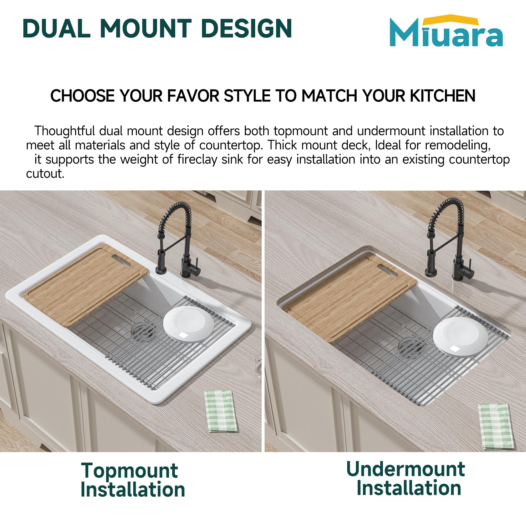 Miuara White Workstation Kitchen Sink 33 Inch - Large Undermount Kitchen Sink 33"x22", 9" Deep White Kitchen Sink Drop In, Single Bowl Topmount Fireclay Sink for Kitchen, with 4 Custom Accessories