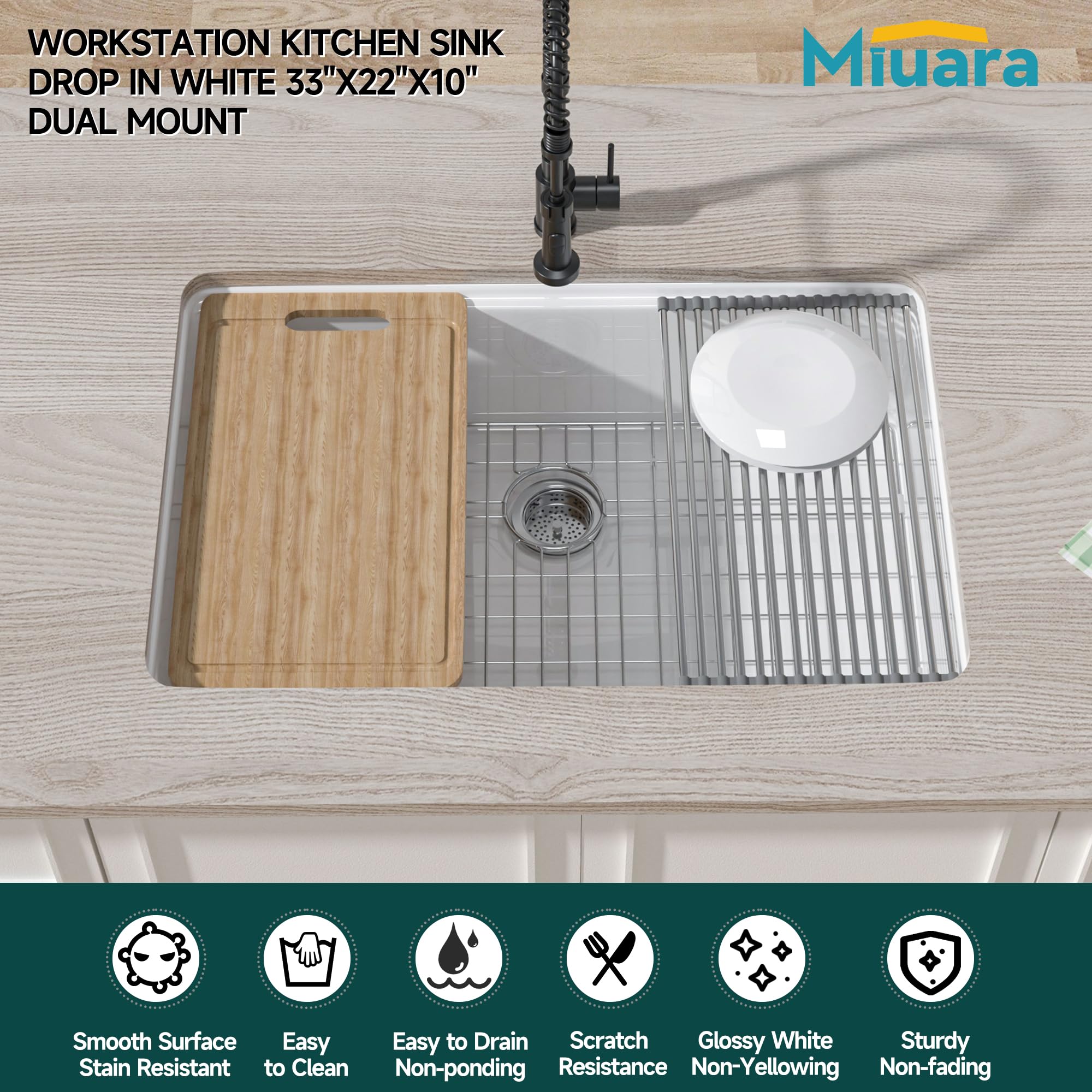 Miuara White Workstation Kitchen Sink 33 Inch - Large Undermount Kitchen Sink 33"x22", 9" Deep White Kitchen Sink Drop In, Single Bowl Topmount Fireclay Sink for Kitchen, with 4 Custom Accessories