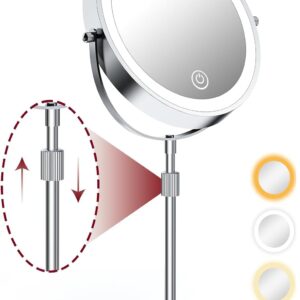 mumianshu Makeup Mirror with Lights and Magnification 10X/1X, 360° Swivel Double Sided Rechargeable LED 9" Cosmetic Mirror, 3 Color Dimmable Lights & Height Adjustable Vanity Mirror Chrome