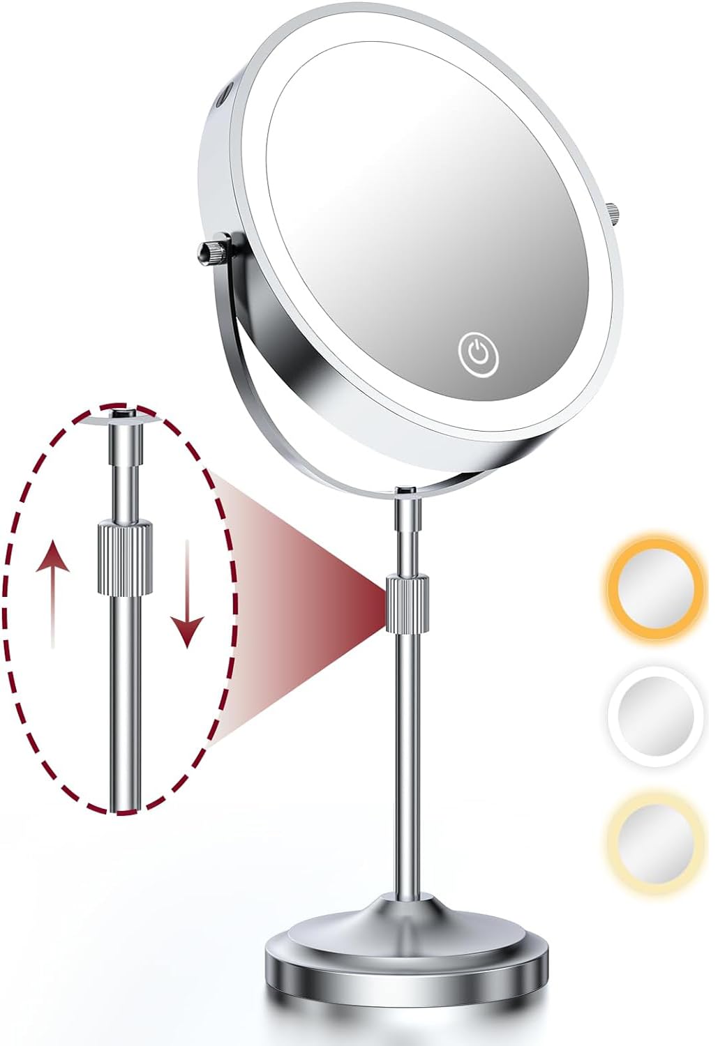 mumianshu Makeup Mirror with Lights and Magnification 10X/1X, 360° Swivel Double Sided Rechargeable LED 9" Cosmetic Mirror, 3 Color Dimmable Lights & Height Adjustable Vanity Mirror Chrome