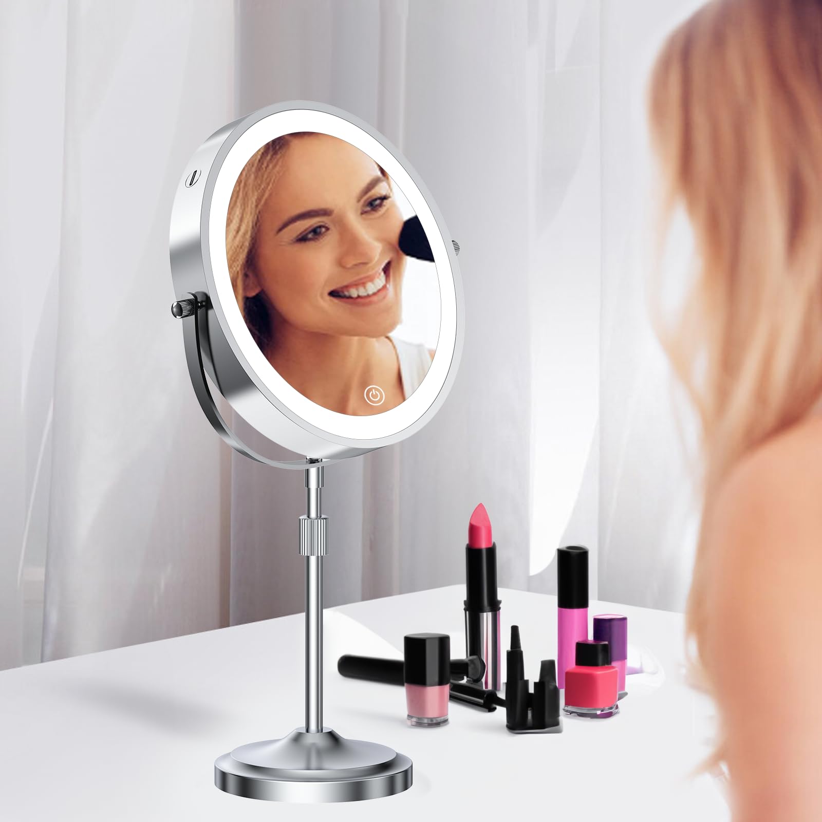 mumianshu Makeup Mirror with Lights and Magnification 10X/1X, 360° Swivel Double Sided Rechargeable LED 9" Cosmetic Mirror, 3 Color Dimmable Lights & Height Adjustable Vanity Mirror Chrome