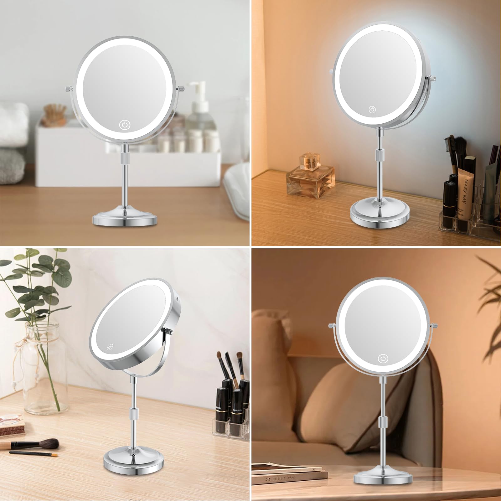 mumianshu Makeup Mirror with Lights and Magnification 10X/1X, 360° Swivel Double Sided Rechargeable LED 9" Cosmetic Mirror, 3 Color Dimmable Lights & Height Adjustable Vanity Mirror Chrome