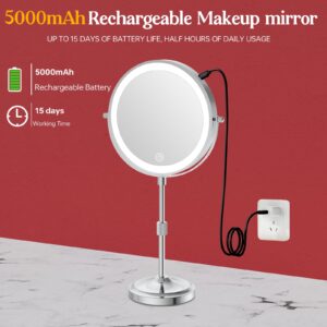 mumianshu Makeup Mirror with Lights and Magnification 10X/1X, 360° Swivel Double Sided Rechargeable LED 9" Cosmetic Mirror, 3 Color Dimmable Lights & Height Adjustable Vanity Mirror Chrome