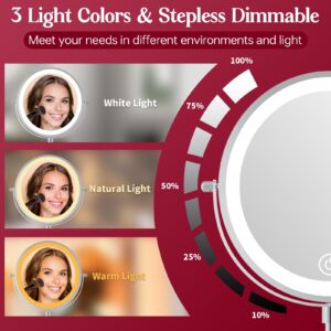 mumianshu Makeup Mirror with Lights and Magnification 10X/1X, 360° Swivel Double Sided Rechargeable LED 9" Cosmetic Mirror, 3 Color Dimmable Lights & Height Adjustable Vanity Mirror Chrome