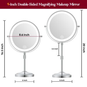 mumianshu Makeup Mirror with Lights and Magnification 10X/1X, 360° Swivel Double Sided Rechargeable LED 9" Cosmetic Mirror, 3 Color Dimmable Lights & Height Adjustable Vanity Mirror Chrome