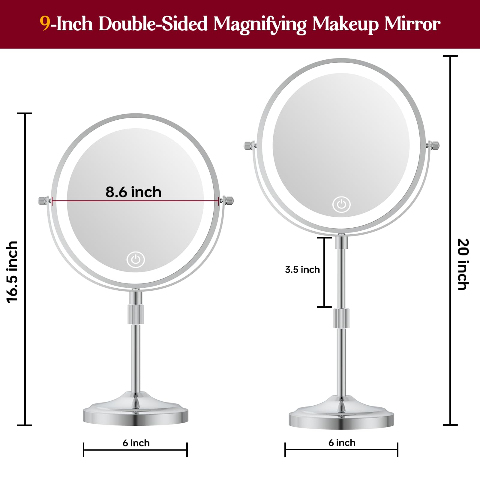 mumianshu Makeup Mirror with Lights and Magnification 10X/1X, 360° Swivel Double Sided Rechargeable LED 9" Cosmetic Mirror, 3 Color Dimmable Lights & Height Adjustable Vanity Mirror Chrome