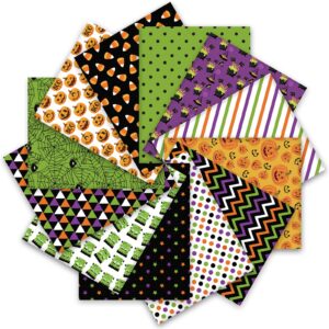 Whaline 12Pcs Halloween Cotton Fabric Bundles 18 x 22 Inch Spider Web Pumpkin Monster Fat Quarters Green Purple Black Orange Quilting Patchwork Squares Sewing Fabrics for DIY Craft Party Decor