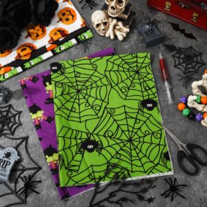 Whaline 12Pcs Halloween Cotton Fabric Bundles 18 x 22 Inch Spider Web Pumpkin Monster Fat Quarters Green Purple Black Orange Quilting Patchwork Squares Sewing Fabrics for DIY Craft Party Decor