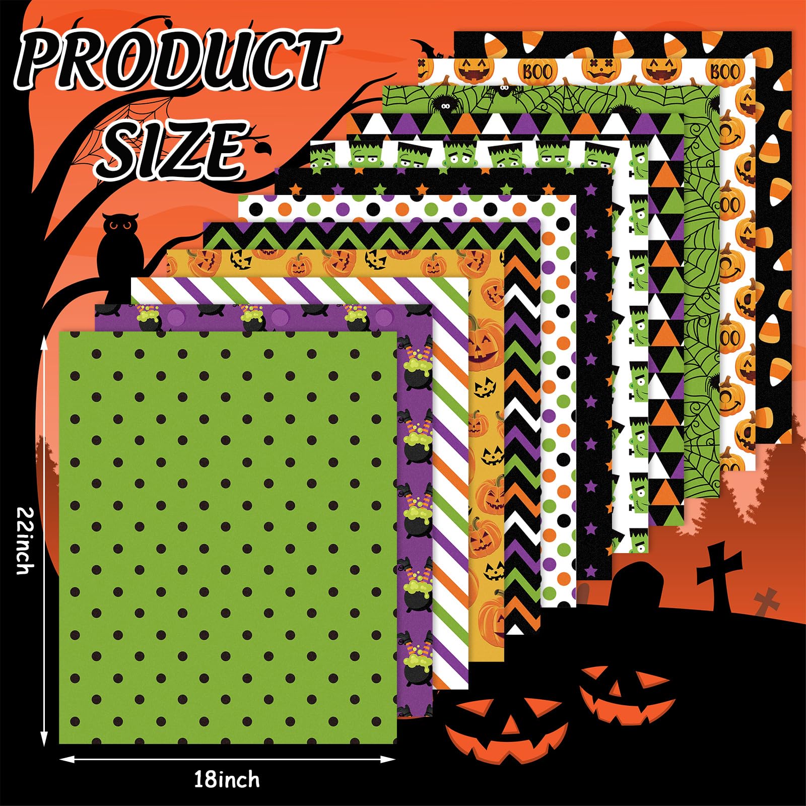 Whaline 12Pcs Halloween Cotton Fabric Bundles 18 x 22 Inch Spider Web Pumpkin Monster Fat Quarters Green Purple Black Orange Quilting Patchwork Squares Sewing Fabrics for DIY Craft Party Decor