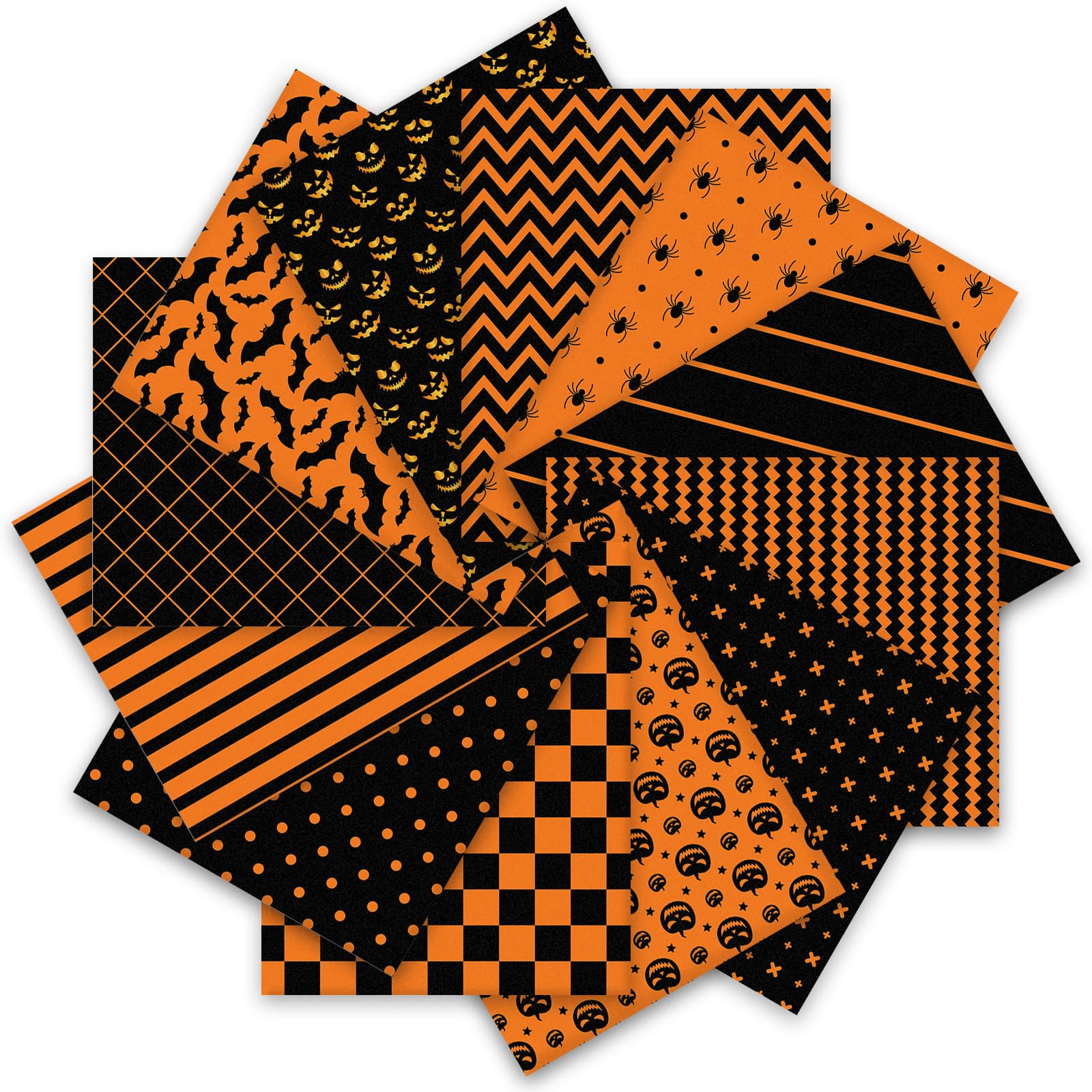 Whaline 12Pcs Halloween Cotton Fabric Bundles 18 x 22 Inch Spider Pumpkin Bat Plaid Stripe Dot Fat Quarters Orange Black Halloween Quilting Patchwork Squares Sewing Fabrics for DIY Craft Party Decor