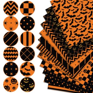 Whaline 12Pcs Halloween Cotton Fabric Bundles 18 x 22 Inch Spider Pumpkin Bat Plaid Stripe Dot Fat Quarters Orange Black Halloween Quilting Patchwork Squares Sewing Fabrics for DIY Craft Party Decor