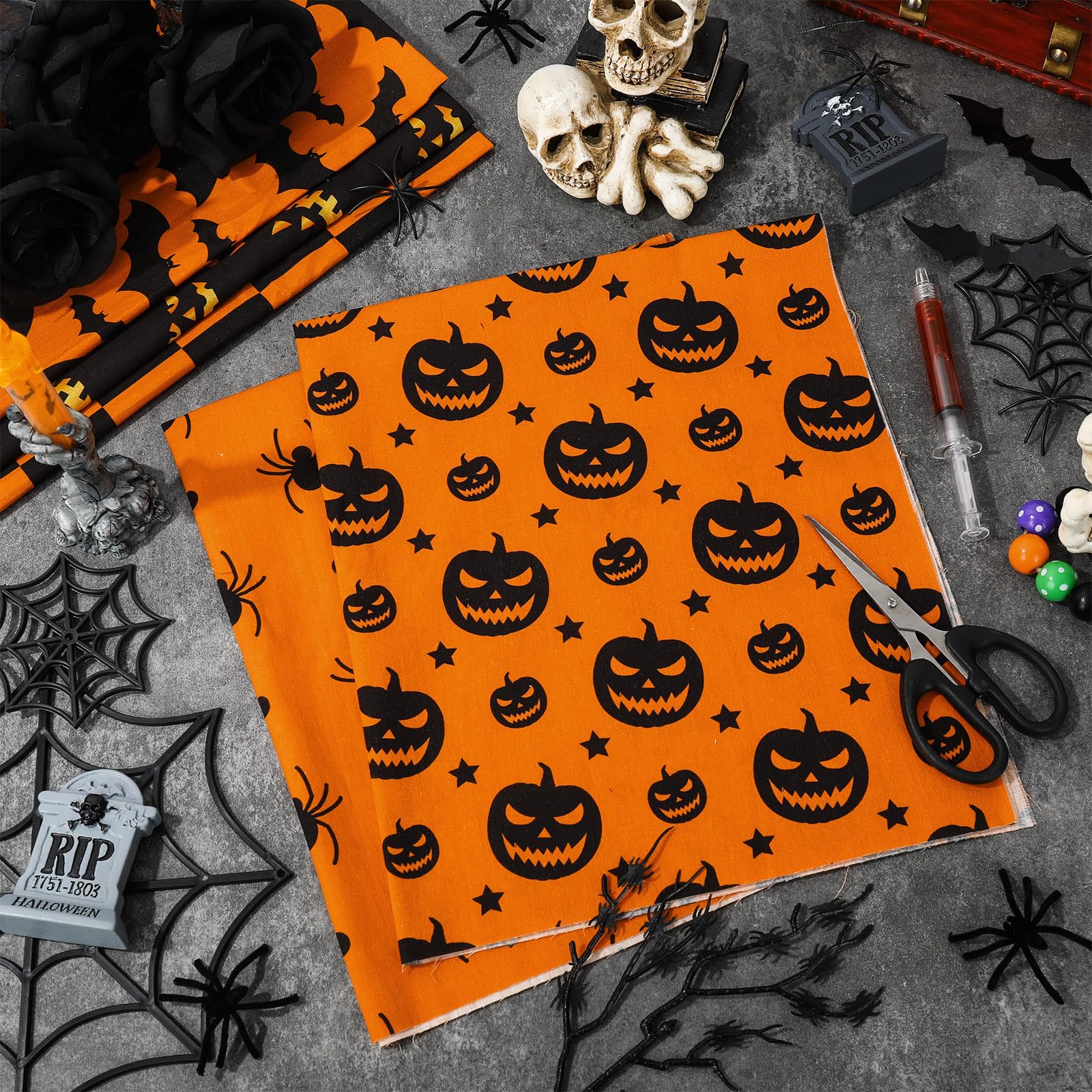 Whaline 12Pcs Halloween Cotton Fabric Bundles 18 x 22 Inch Spider Pumpkin Bat Plaid Stripe Dot Fat Quarters Orange Black Halloween Quilting Patchwork Squares Sewing Fabrics for DIY Craft Party Decor