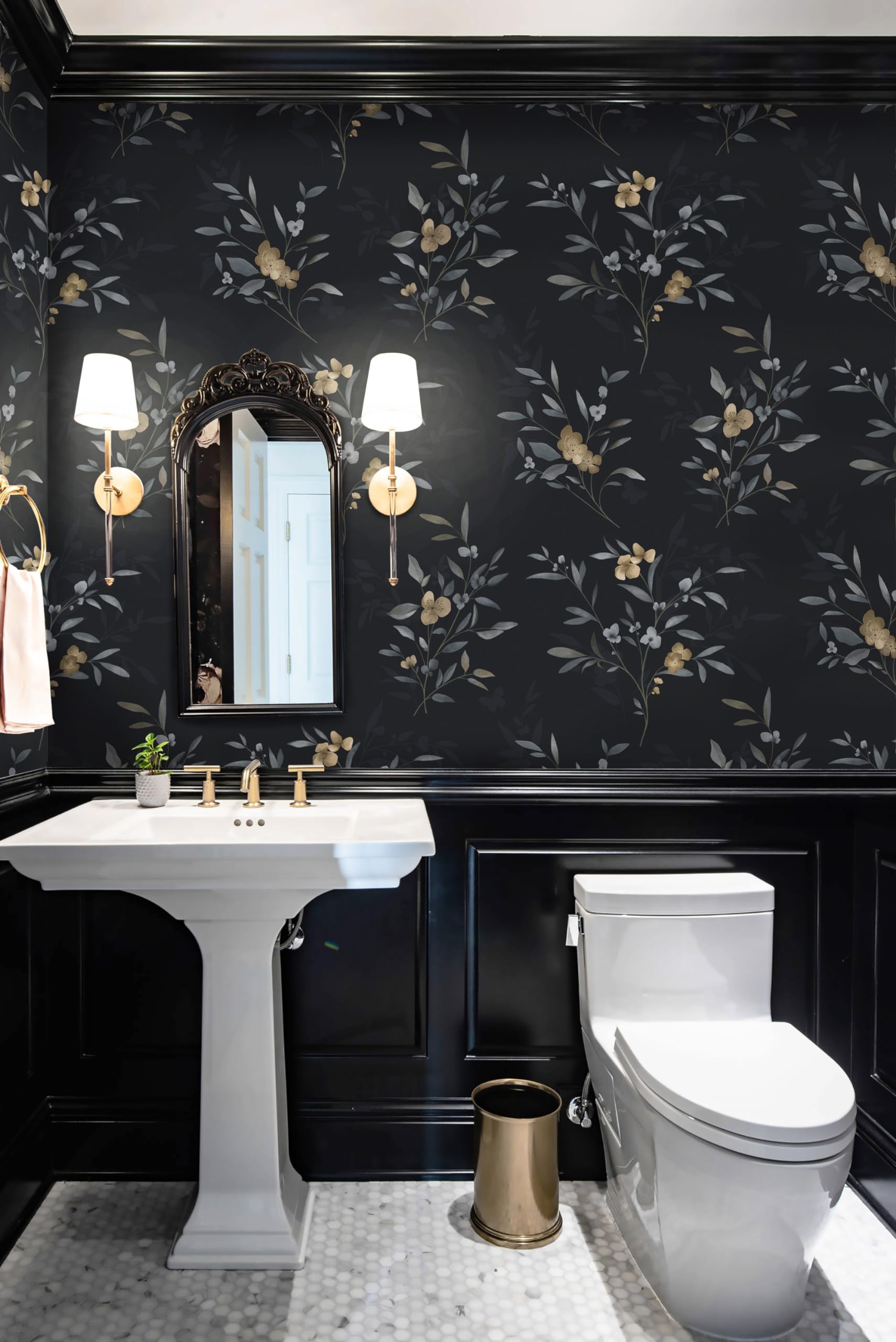 Feisoon Black and Gold Wallpaper Flower Wallpaper Floral Leaf Contact Paper Self Adhesice Wallpaper 16.14"x78.7" Waterproof Contact Paper Removable Wallpaper for Furniture Cabinet Stair Wall Decor