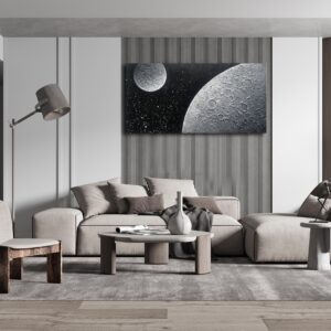 Landswaydecor Black and Grey Wall Art Moon Surface Canvas Oil Painting Home Decor Hand Painted Modern Textured 3D Artwork for Bedroom Living Room