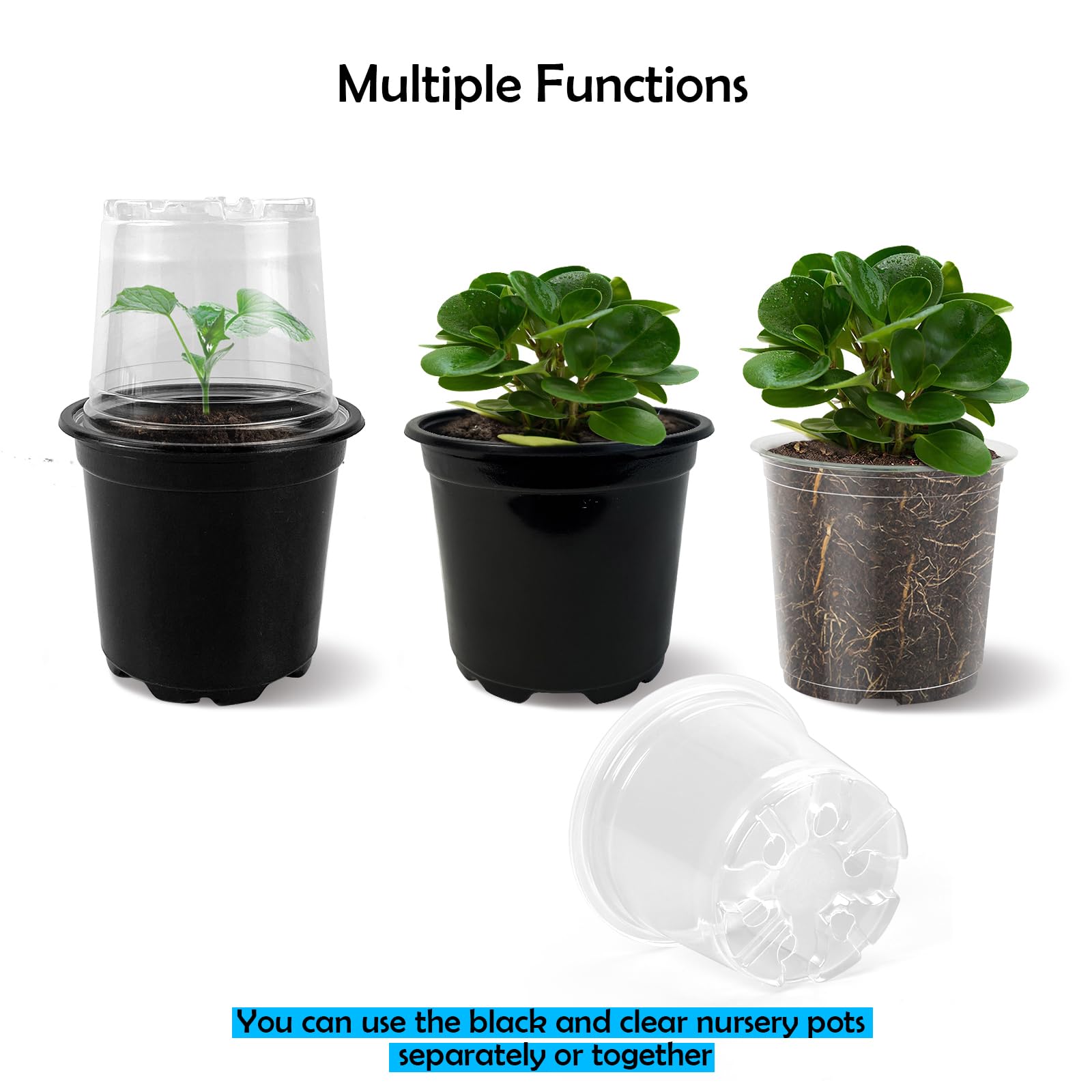 RAOOKIF Small Nursery Pots (15 Pcs 4" Black Pot+15 Pcs 3.5" Clear Pot), 30 Pack Small Plant Pots with Drainage Holes, Nursery Pots with Clear Humidity Dome